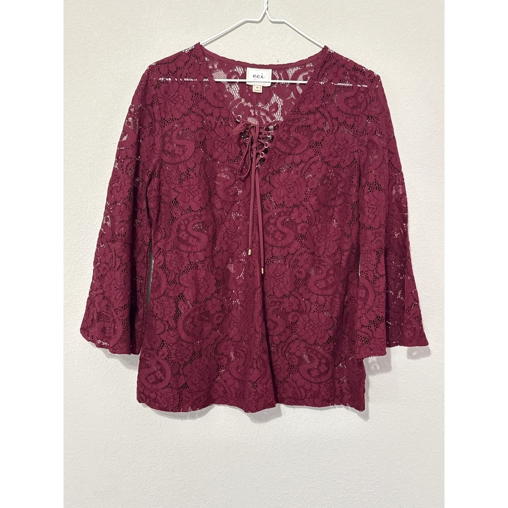 ECI Lace Blouse‎ Women Medium Burgundy Bell Sleeve Lace Up V-Neck Boho Festival